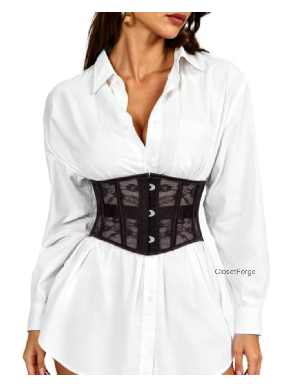 Sheer Lace Corset Belt Women Underbust Boned Lace Up Mesh Bustier Waspie